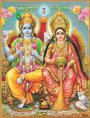 Vishnu and Lakshmi Divine Couple Seated on Ornate Thrones with Om Symbol HD phone wallpaper