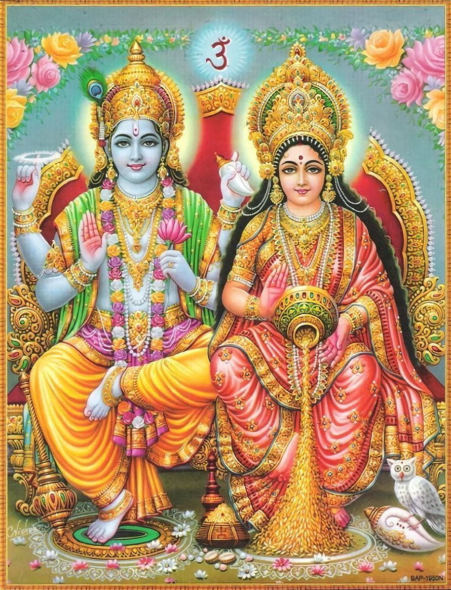 Vishnu and Lakshmi Divine Couple Seated on Ornate Thrones with Om Symbol HD phone wallpaper