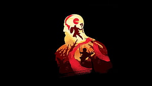 God of War Kratos Double Exposure Silhouette with Red and Orange Gradient on Black Background HD wallpaper