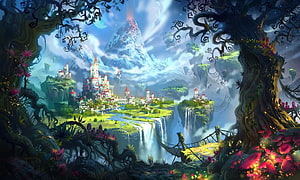 Enchanted Floating Castle in a Lush Fantasy Landscape with Waterfalls and Ancient Trees HD wallpaper
