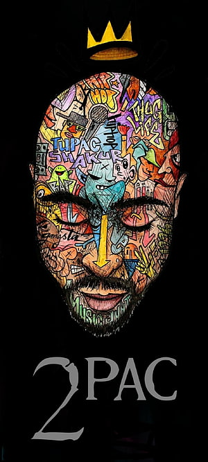 Tupac Shakur Doodle Portrait with Crown and Graffiti Elements HD phone wallpaper