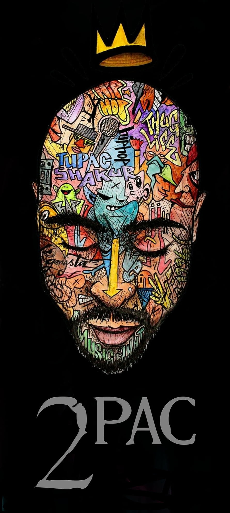 Tupac Shakur Doodle Portrait with Crown and Graffiti Elements HD phone wallpaper