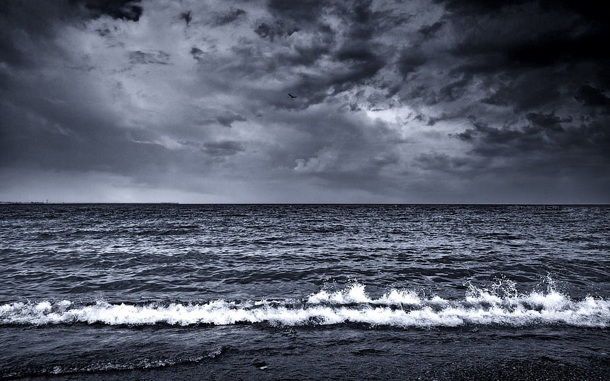 Moody Black and White Ocean Scene with Stormy Clouds and Breaking Waves HD wallpaper