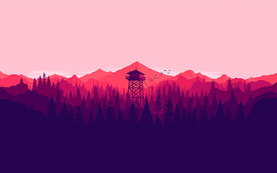 Firewatch Watchtower Silhouette Against Pink Mountain Range and Pine Forest HD wallpaper