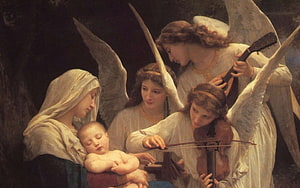 Angels Playing Music for Sleeping Child in Classic Oil Painting HD wallpaper