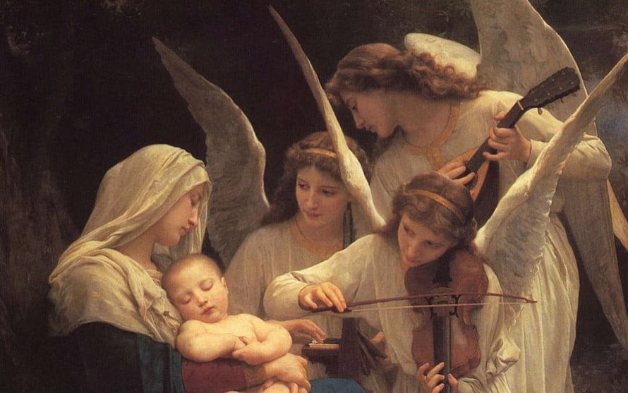 Angels Playing Music for Sleeping Child in Classic Oil Painting HD wallpaper