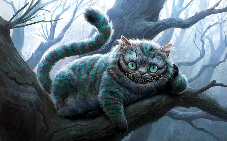 Cheshire Cat Perched on a Branch in a Misty Forest from Alice in Wonderland HD wallpaper