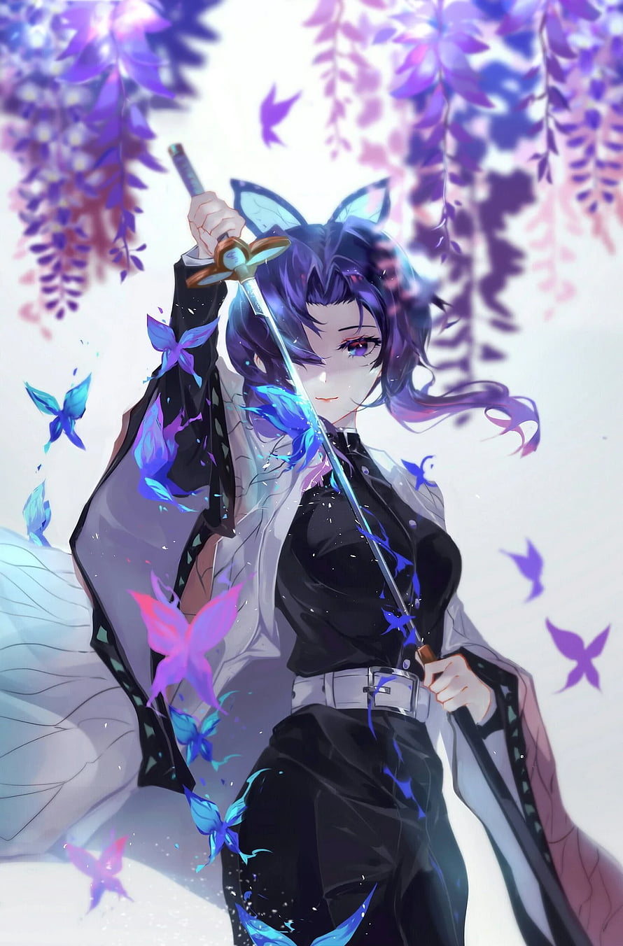 Demon Slayer Butterfly Girl Anime Character with Sword and Wisteria HD phone wallpaper