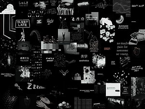 Dark Grunge Aesthetic Collage Wallpaper with Black and White Text and Illustrations HD wallpaper