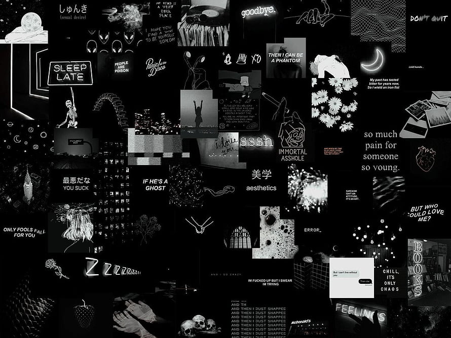 Dark Grunge Aesthetic Collage Wallpaper with Black and White Text and Illustrations HD wallpaper