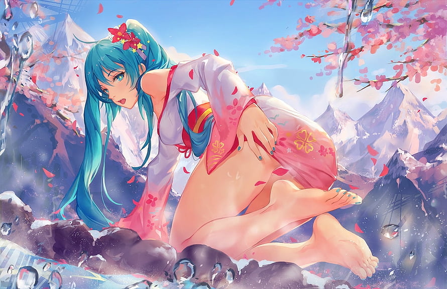 Hatsune Miku in a pink kimono kneeling among cherry blossoms with snow-capped mountains in the background HD wallpaper