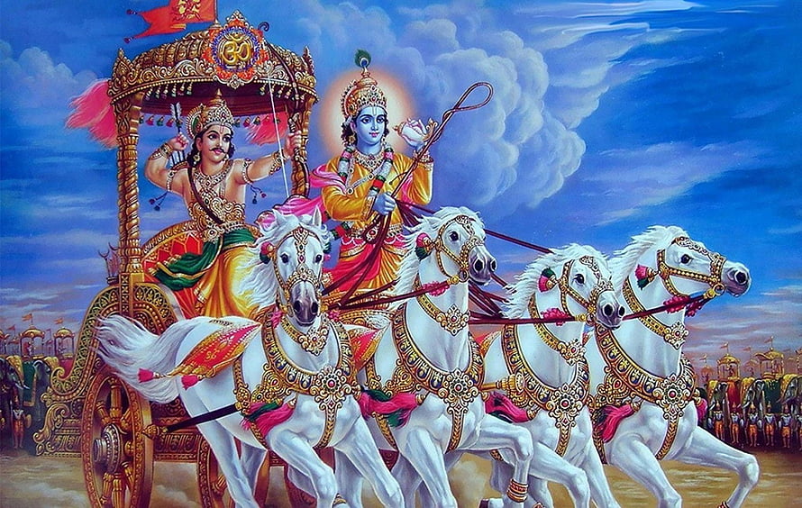 Krishna and Arjuna on the Divine Chariot in the Bhagavad Gita HD wallpaper