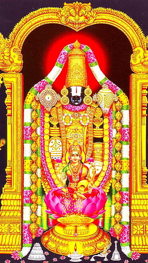 Tirupati Balaji deity adorned in gold ornaments and floral garlands on a lotus throne HD phone wallpaper