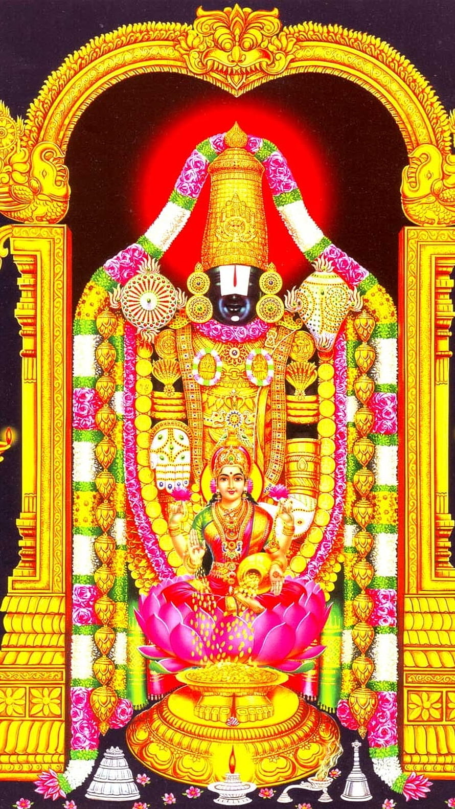 Tirupati Balaji deity adorned in gold ornaments and floral garlands on a lotus throne HD phone wallpaper