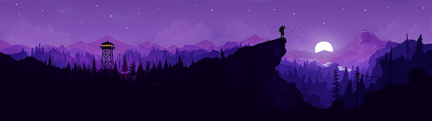 Purple Mountain Landscape at Night with Silhouetted Figure on Cliff and Full Moon HD wallpaper