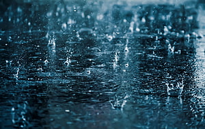 Close-Up of Rain Droplets Hitting a Wet Surface in Cool Blue Tones HD wallpaper