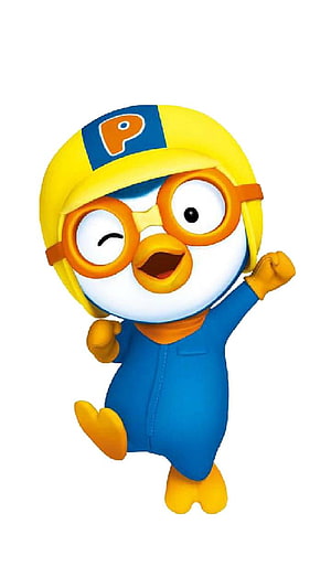 Pororo the Little Penguin in Blue Overalls and Yellow Hard Hat Winking Joyfully HD phone wallpaper