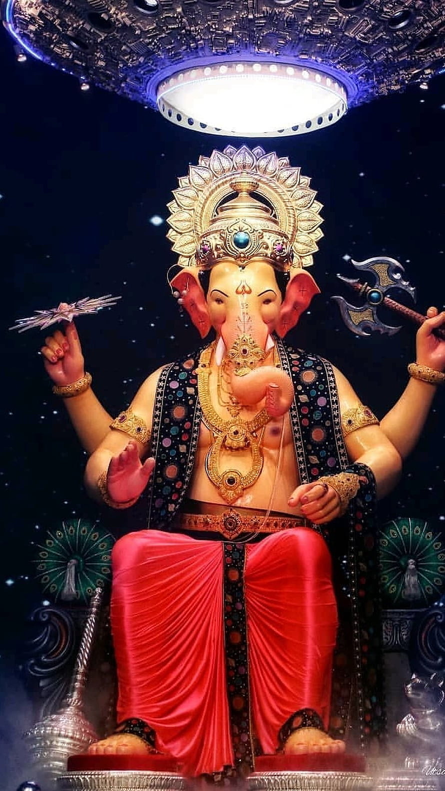 Lalbaugcha Raja Ganesha Murti Seated Under a Futuristic UFO in a Cosmic Setting HD phone wallpaper