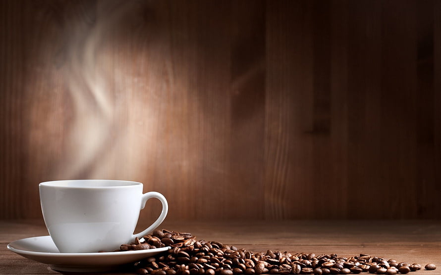 Steaming White Coffee Cup With Roasted Beans On Rustic Wooden Table HD wallpaper
