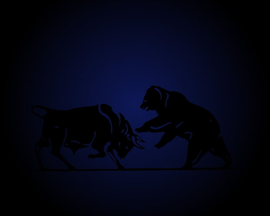 Bull and Bear Silhouettes Confronting on a Dark Blue Background HD wallpaper