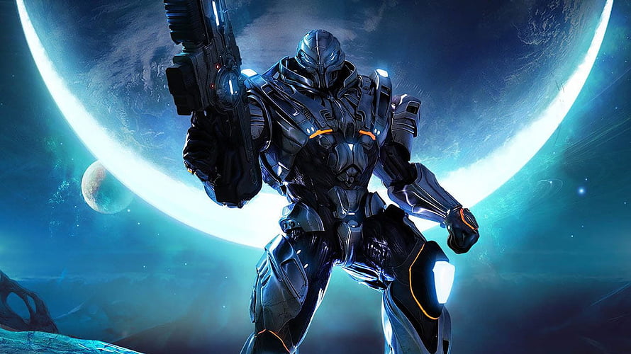 Armored Space Soldier Holding Heavy Weapon Against Giant Planet HD wallpaper