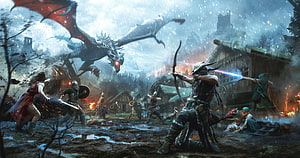 Skyrim Fantasy Battle Scene Featuring Dragon Attack and Archer in Medieval Village HD wallpaper