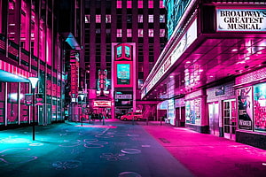 Vibrant Pink and Cyan Neon Lights on an Empty New York City Broadway Street at Night HD wallpaper