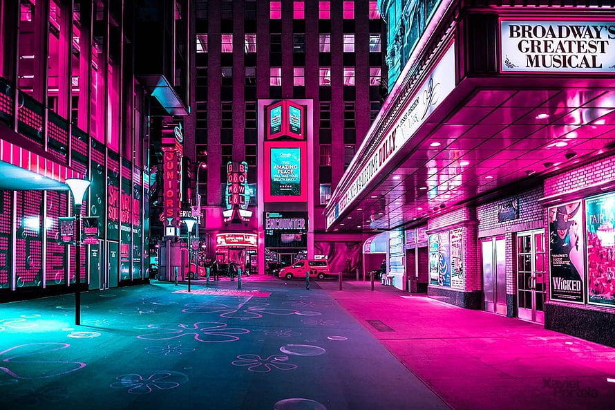 Vibrant Pink and Cyan Neon Lights on an Empty New York City Broadway Street at Night HD wallpaper