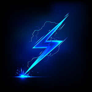 Vibrant Blue Electric Lightning Bolt with Neon Glow and Sparking Impact on Dark Background HD phone wallpaper
