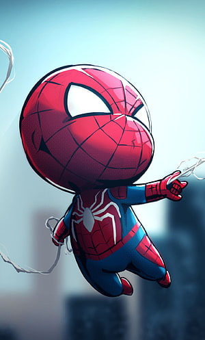 Cute Chibi Spider-Man Swinging Through the City in Classic Red and Blue Suit HD phone wallpaper