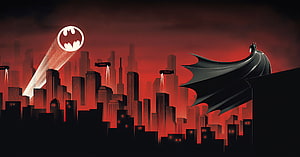 Batman Silhouette Over Gotham City Skyline With Bat Signal In Red Sky HD wallpaper