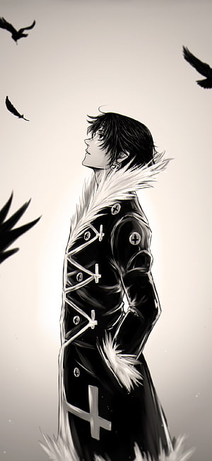 Chrollo Lucilfer from Hunter x Hunter in a black coat with white fur and cross details HD phone wallpaper
