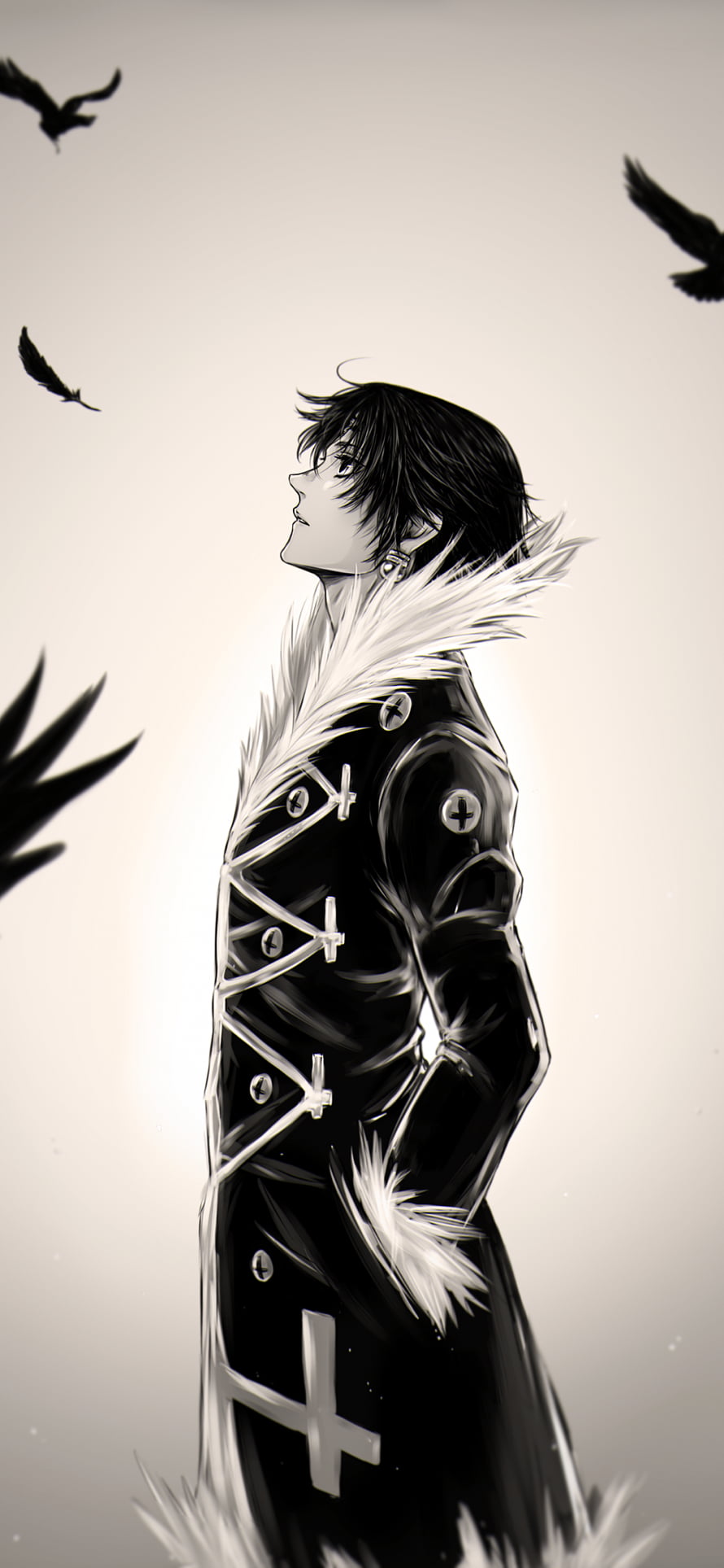 Chrollo Lucilfer from Hunter x Hunter in a black coat with white fur and cross details HD phone wallpaper