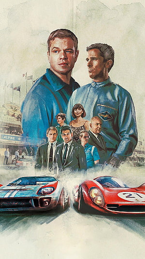 Ford v Ferrari Movie Poster Artwork Featuring Racing Legends and Classic GT40 Cars HD phone wallpaper
