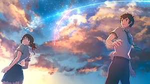 Your Name Anime Scene Featuring Tachibana and Mitsuha Under a Meteor Shower HD wallpaper
