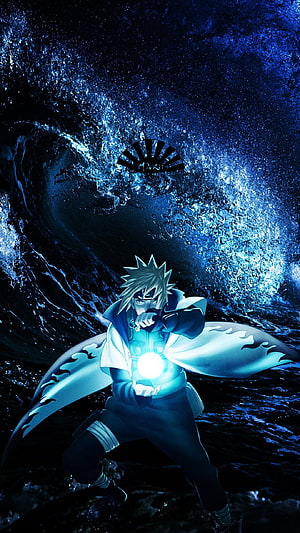 Minato Namikaze channeling chakra in a swirling blue water vortex HD phone wallpaper