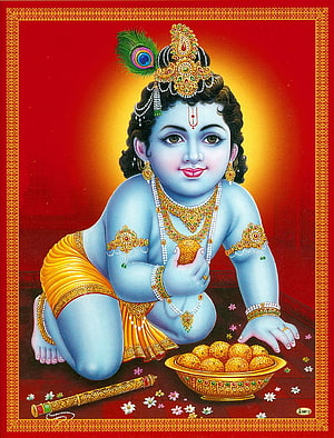 Laddu Gopal Krishna Child Krishna Devotional Artwork with Peacock Feather Crown and Laddu Bowl HD phone wallpaper
