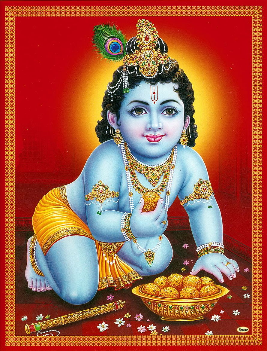 Laddu Gopal Krishna Child Krishna Devotional Artwork with Peacock Feather Crown and Laddu Bowl HD phone wallpaper