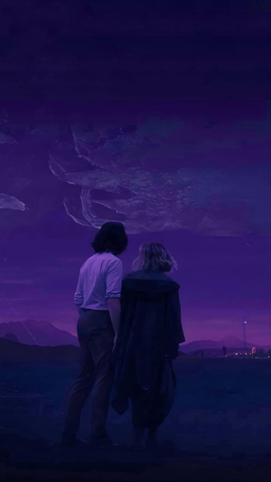 Loki and Sylvie gazing at a swirling purple nebula in a dark cosmic landscape HD phone wallpaper