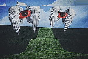 Surreal Dreamcore Landscape With Winged Eyes And Glitch Art Distortion HD wallpaper