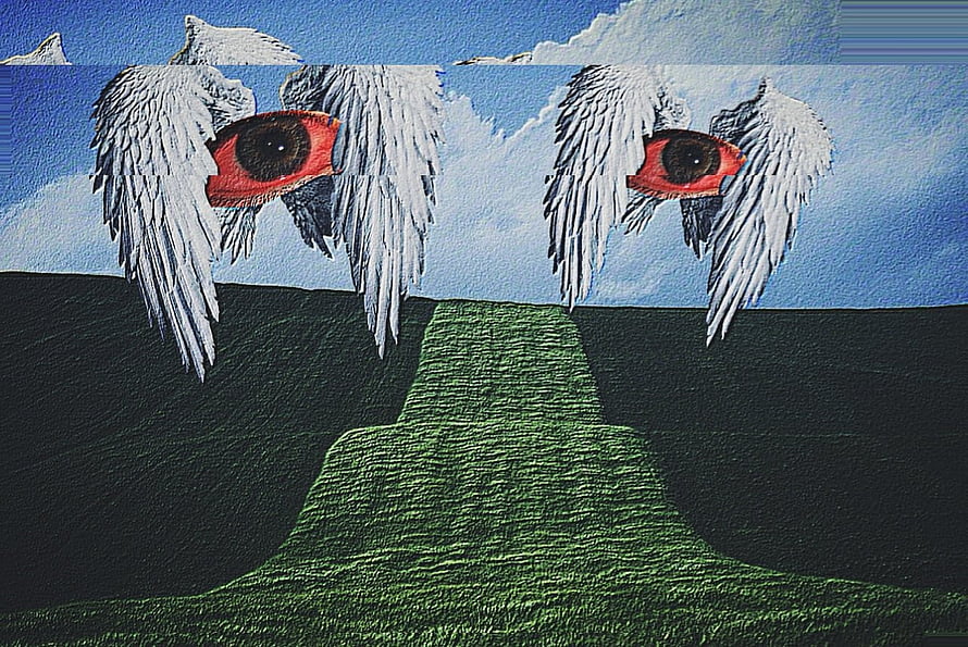 Surreal Dreamcore Landscape With Winged Eyes And Glitch Art Distortion HD wallpaper