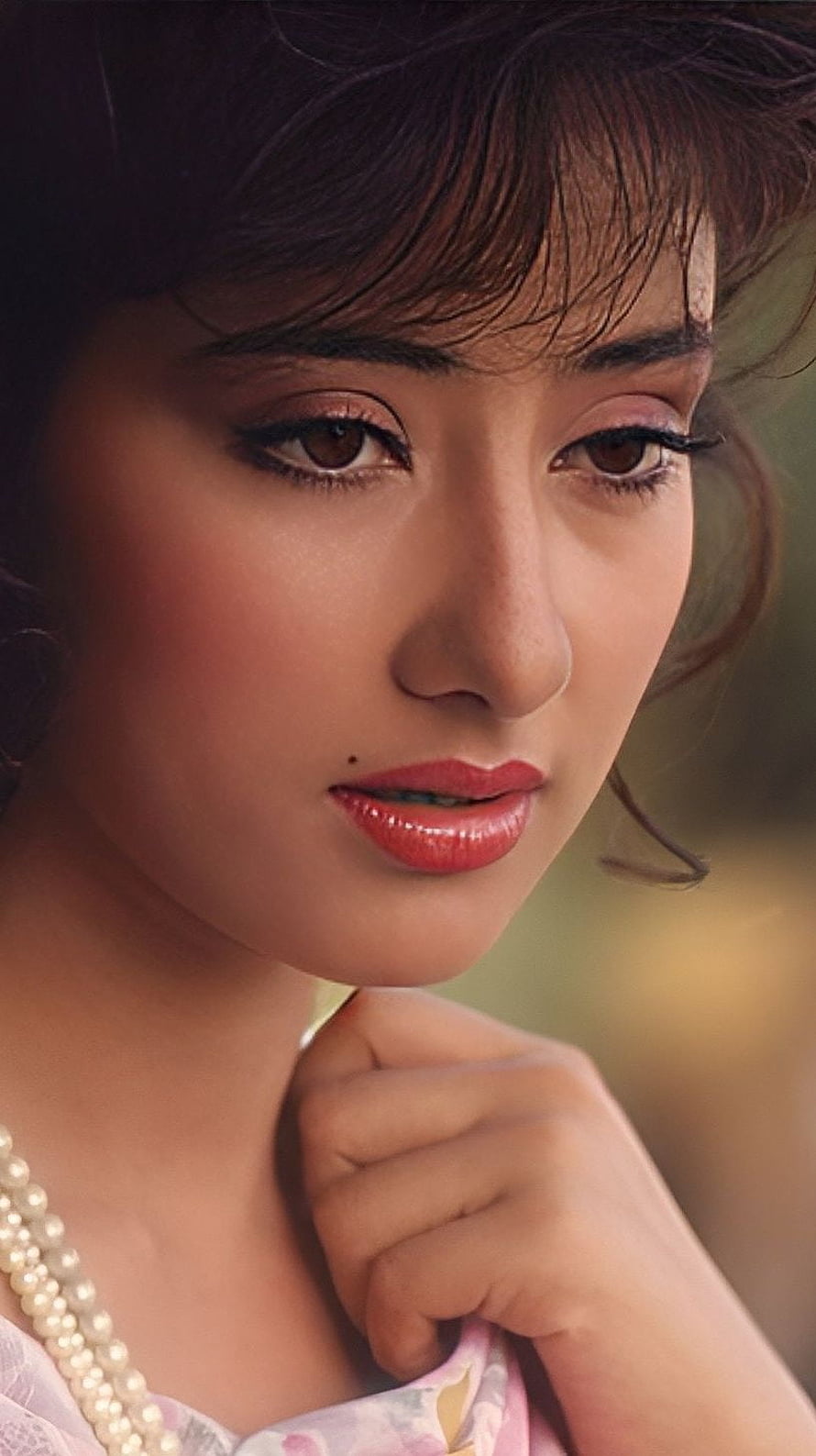Manisha Koirala Vintage Bollywood Portrait With Pearl Necklace And Soft Makeup HD phone wallpaper