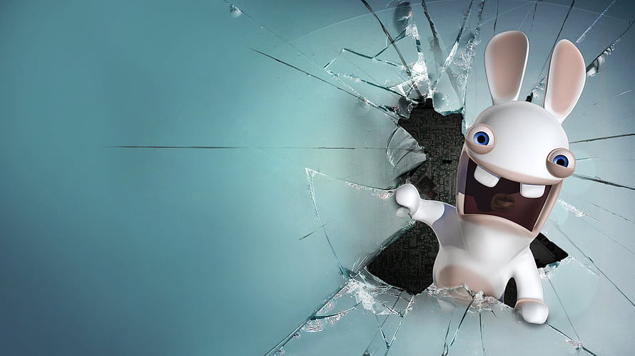 Rabbids Breaking Through Shattered Glass With Wide Open Mouth And Blue Eyes HD wallpaper