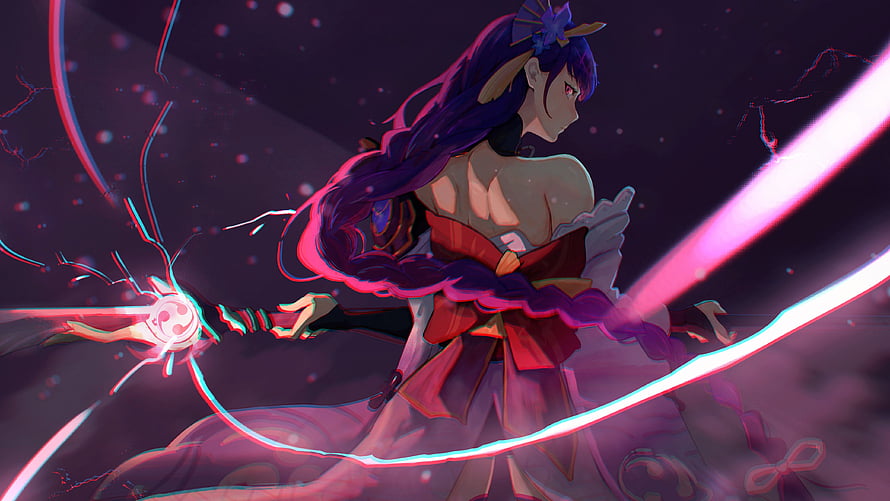 Raiden Shogun wielding her electro blade in a dramatic Genshin Impact battle scene HD wallpaper
