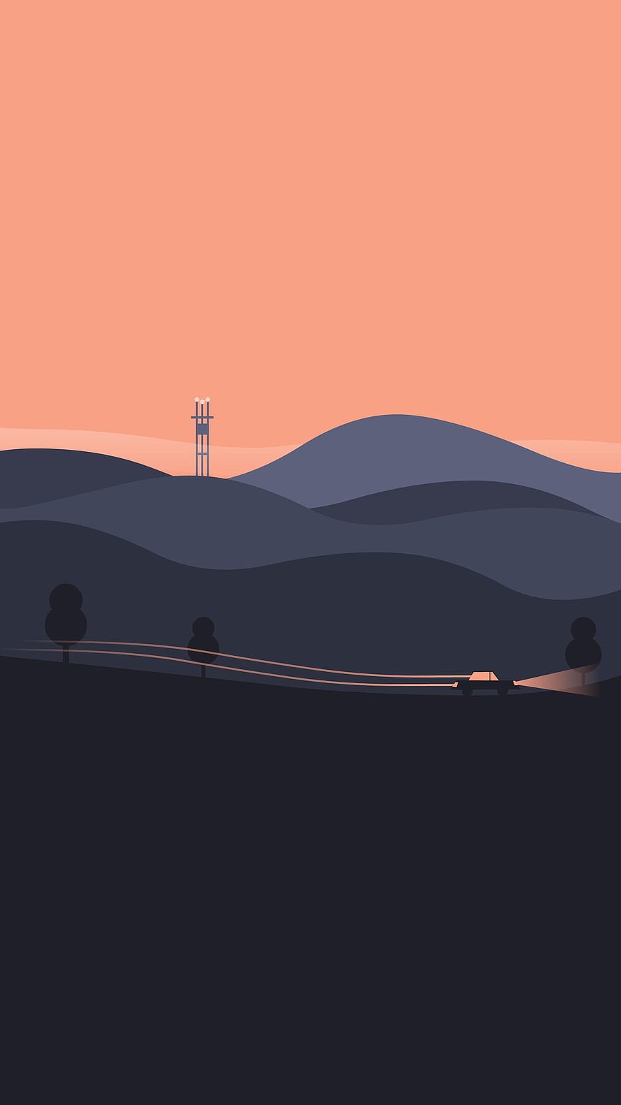 Minimalist Flat Design Landscape with Car, Trees, and Tower at Dusk HD phone wallpaper