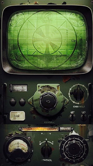 Fallout Retro Radio Console with Green CRT Screen and Weathered Controls HD phone wallpaper