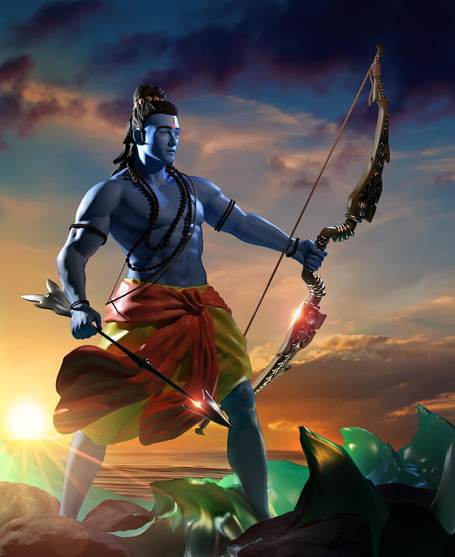 Lord Rama Archery Pose Digital Art with Bow and Arrow at Sunset HD phone wallpaper