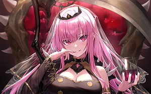 Mori Calliope Anime Illustration with Pink Hair and Wine Glass HD wallpaper