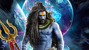 Lord Shiva with Trishul and Cosmic Nebula Background HD wallpaper