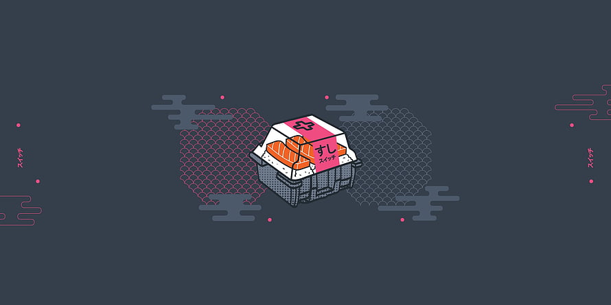 Isometric Sushi Box Illustration with Japanese Clouds and Wave Patterns on Dark Background HD wallpaper